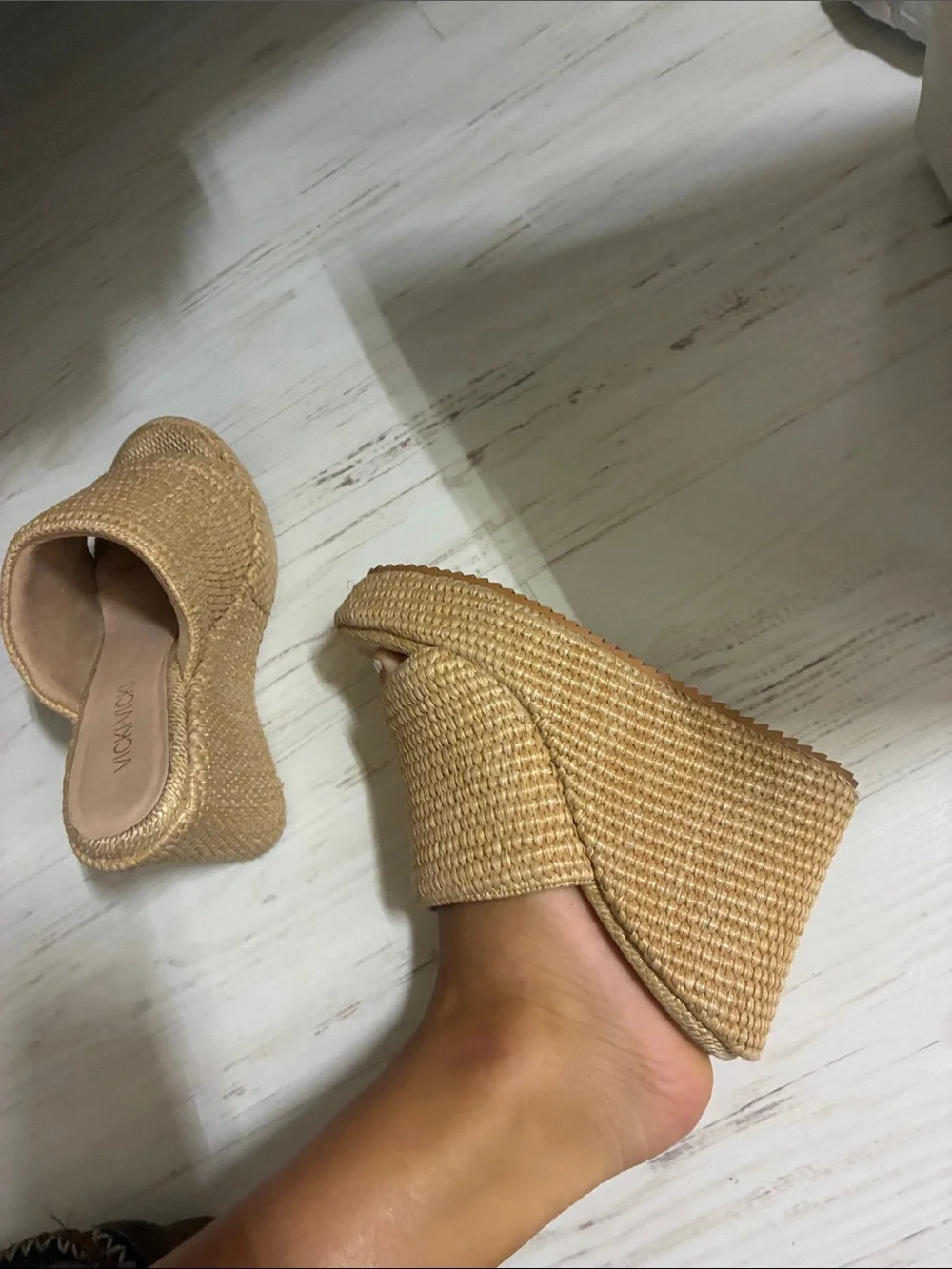 Natural Woven Wedge Slide - Tan